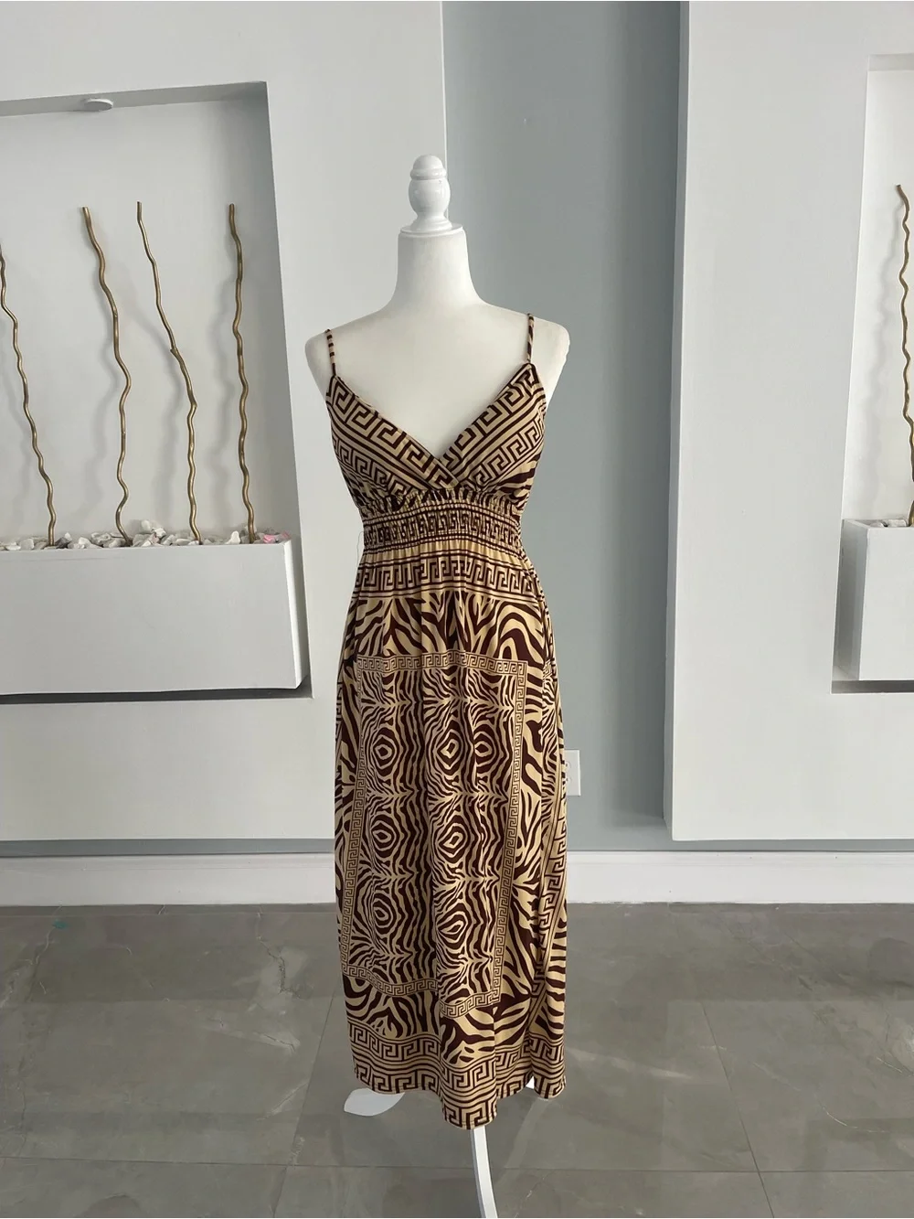 Brown Patterned Midi Dress with Spaghetti Straps